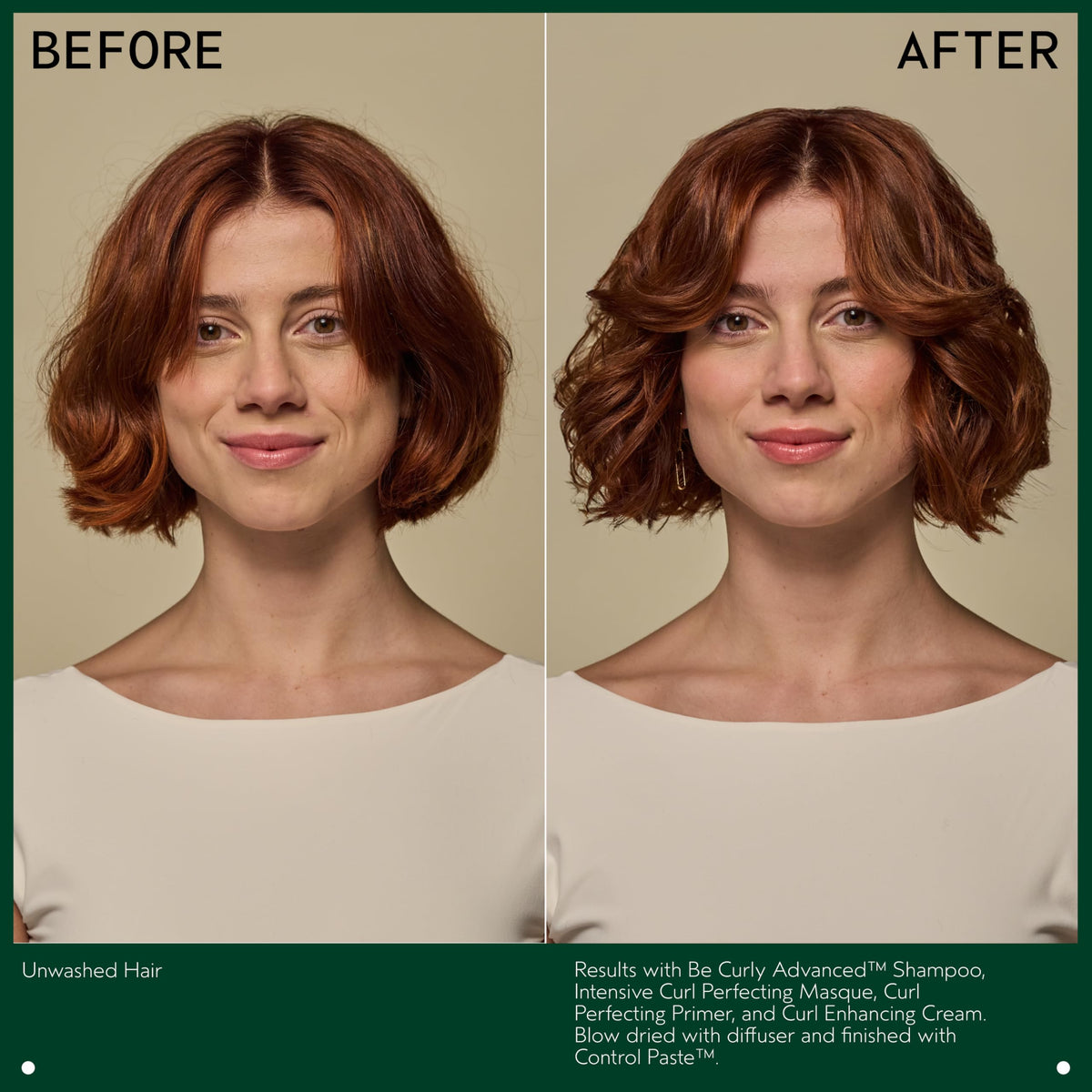Aveda Be Curly smoothed through damp curls, showing definition and frizz control