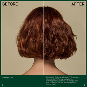 Close-up of Aveda be curly label showing ingredient claims and clean formulation benefit