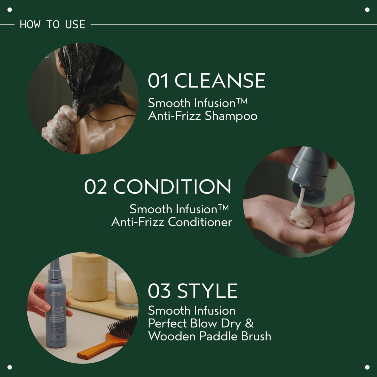 Aveda before and after hair shot showing reduced frizz and sleeker finish benefit