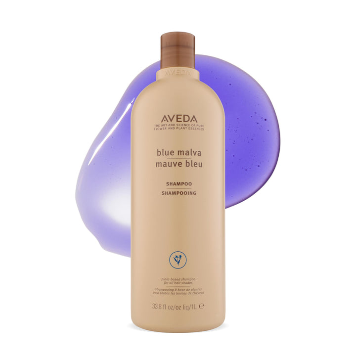 Aveda Blue Malva shampoo front bottle showing branding and liter size benefit