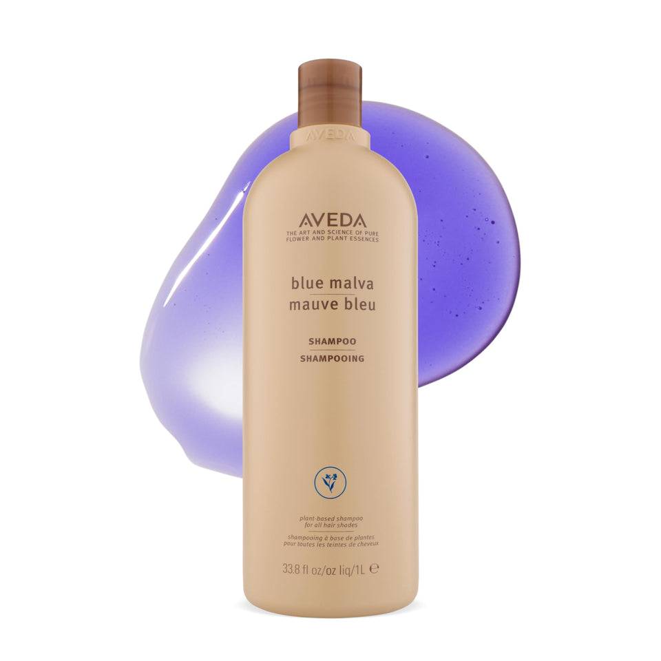 Aveda Blue Malva shampoo front bottle showing branding and liter size benefit