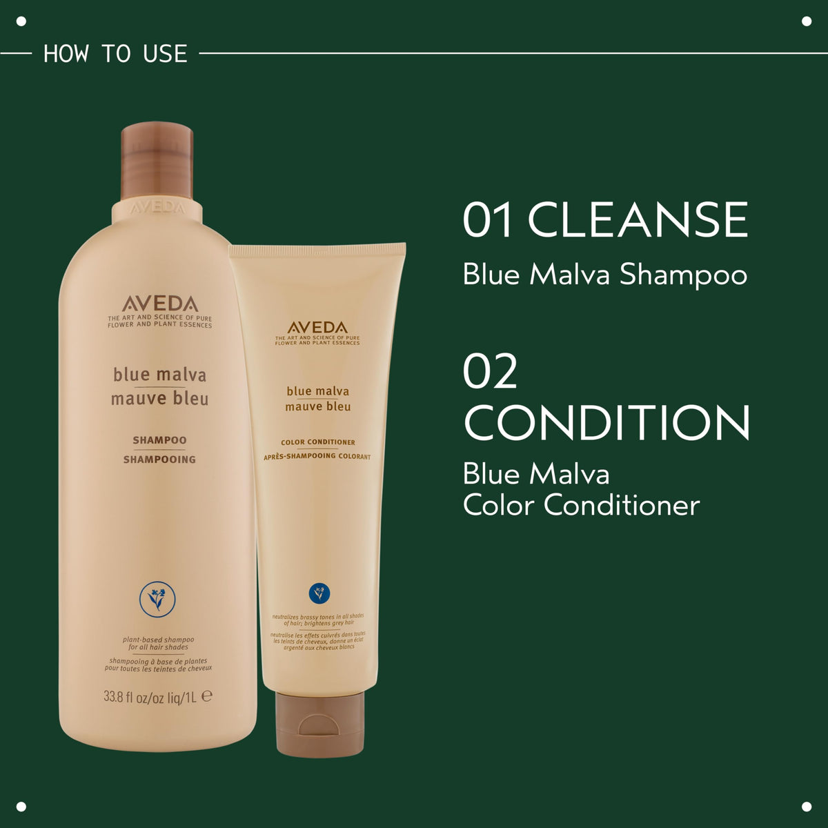 Aveda Blue Malva bottle next to hand for scale, clarifies 8.5 fl oz size