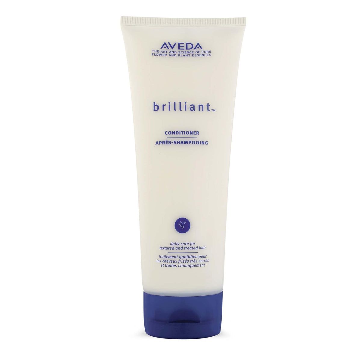 Aveda Brilliant front bottle showing label and elegant packaging benefits visible branding
