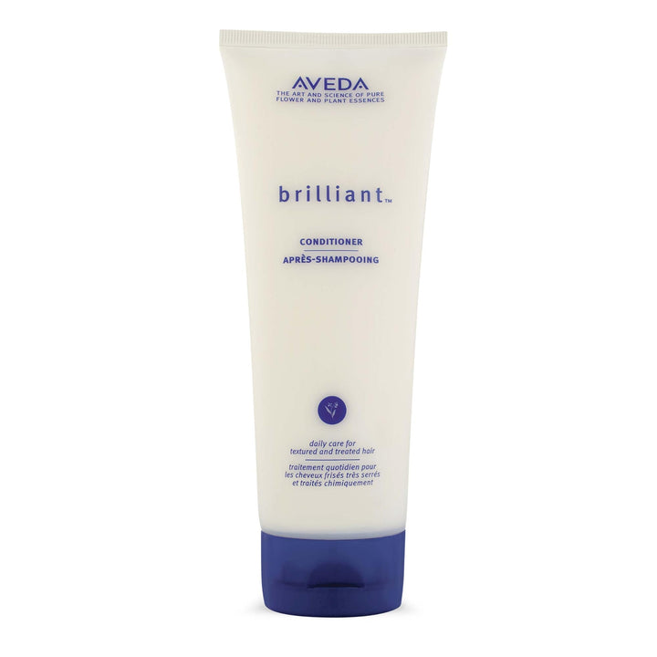 Aveda Brilliant front bottle showing label and elegant packaging benefits visible branding