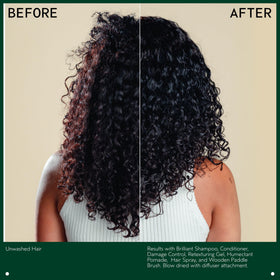 Aveda Brilliant product label close-up listing clean ingredients and vegan certification benefits