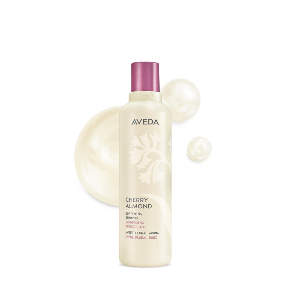 Aveda cherry almond front packaging showing product and size, highlights gentle cleansing