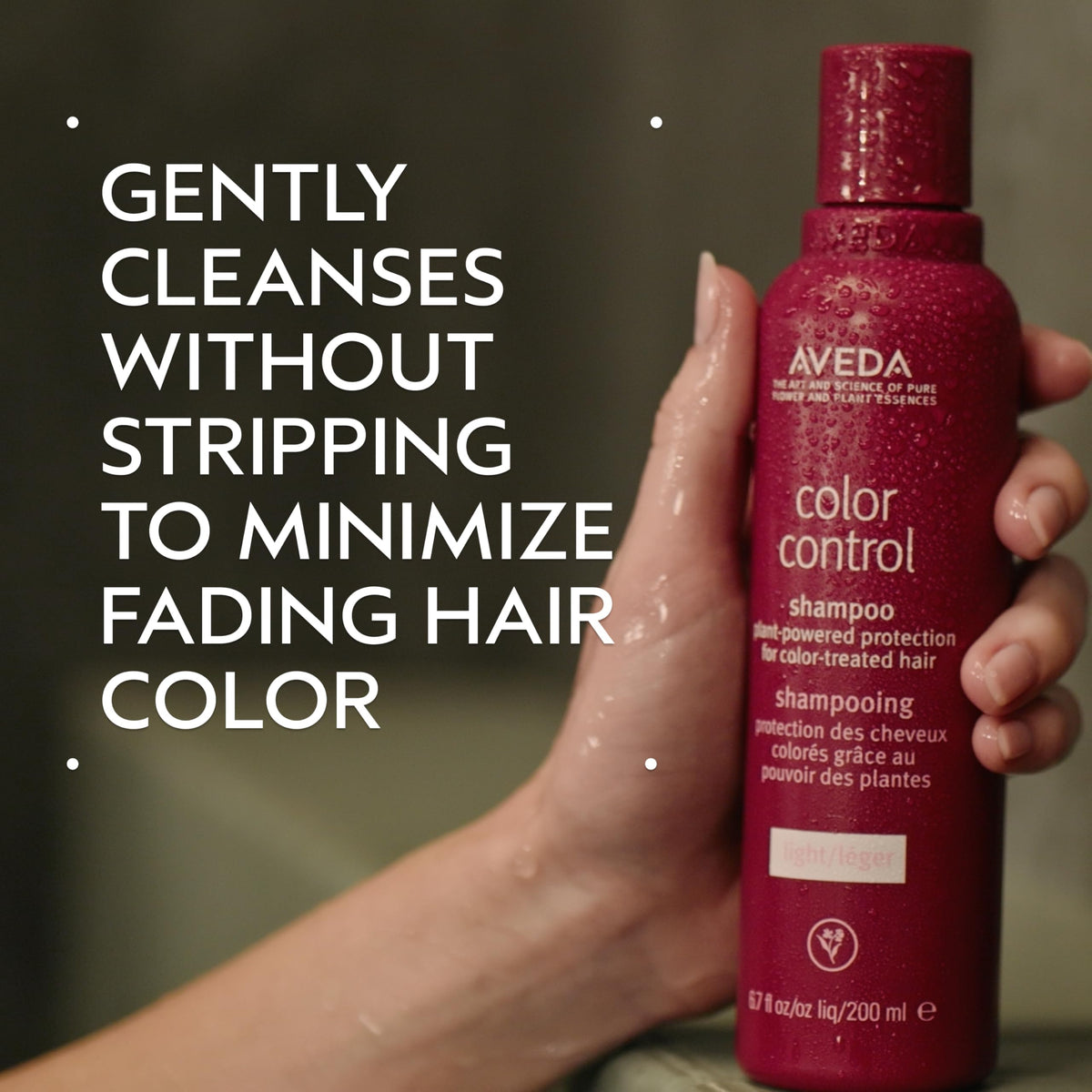 Aveda Color Control Light pump and label detail highlighting natural ingredients and easy dispensing