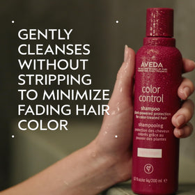 Aveda Color Control Light pump and label detail highlighting natural ingredients and easy dispensing