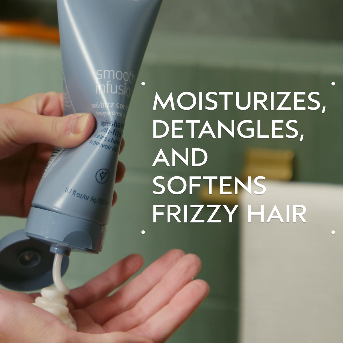 Aveda conditioner pump close-up showing dispenser and easy, controlled application benefit
