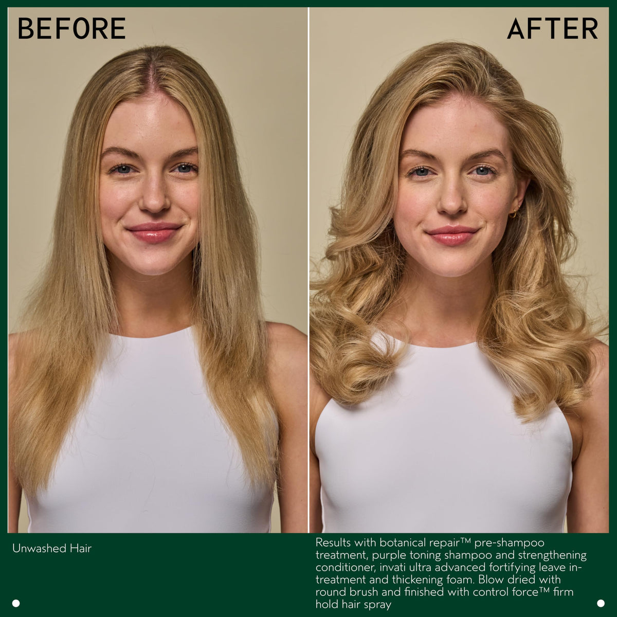 Model smoothing a ponytail with Aveda Control Force for sleek, long-lasting style