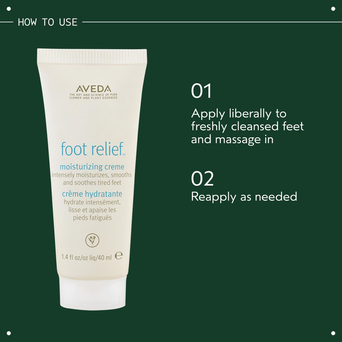 Aveda Foot Relief ingredients display with jojoba and peppermint benefits
