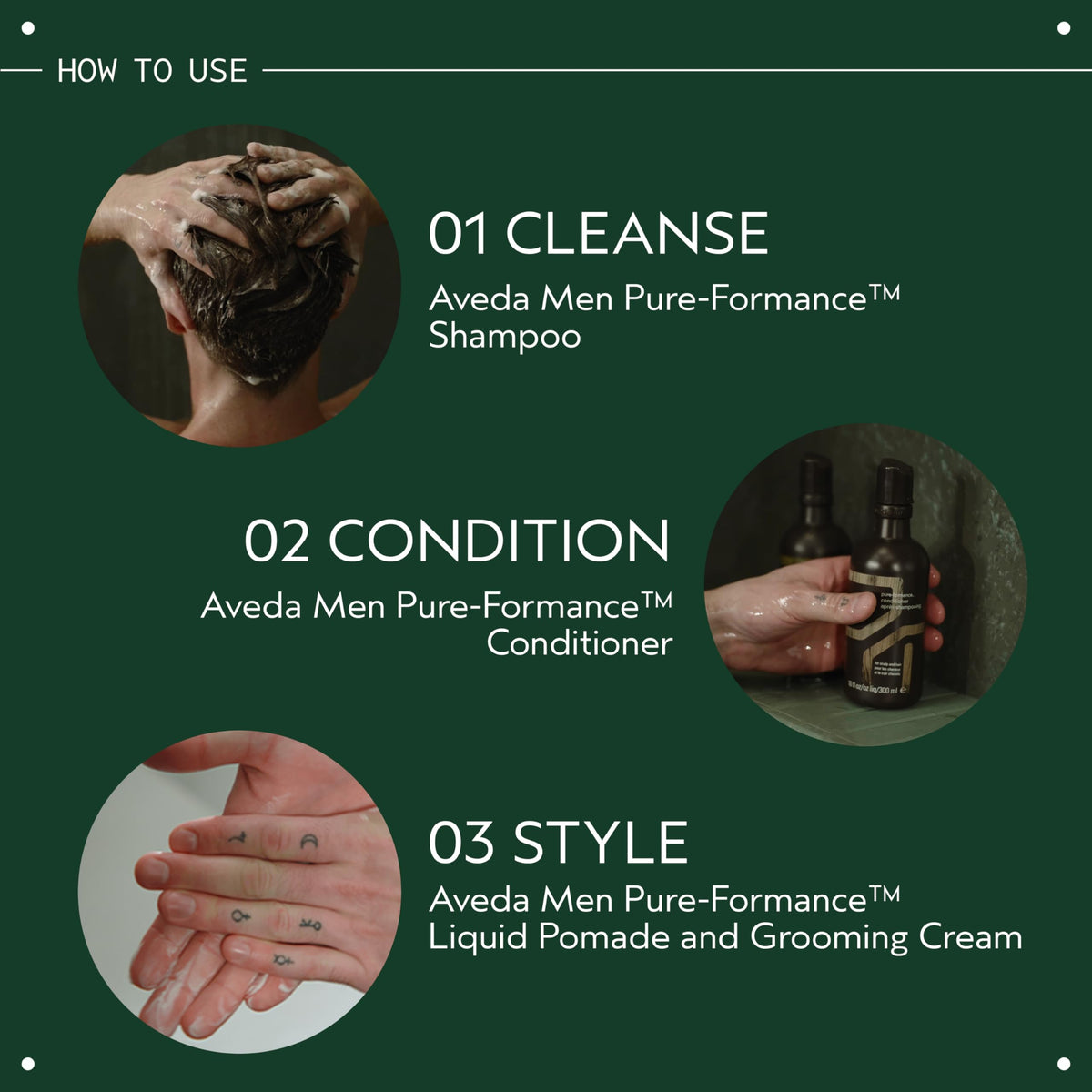 Aveda men conditioner label close-up highlighting key naturally derived ingredients
