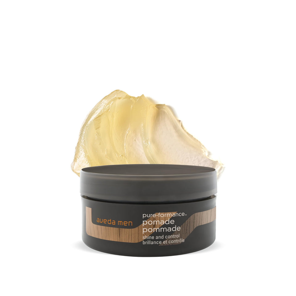 Aveda Men Pure-Formance Pomade front jar showing branding and strong hold benefits