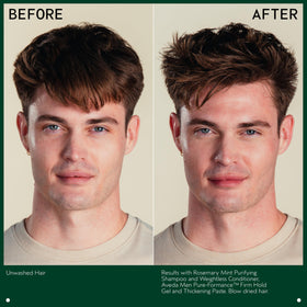 Aveda Men paste styled in hair, shows fuller texture and natural finish