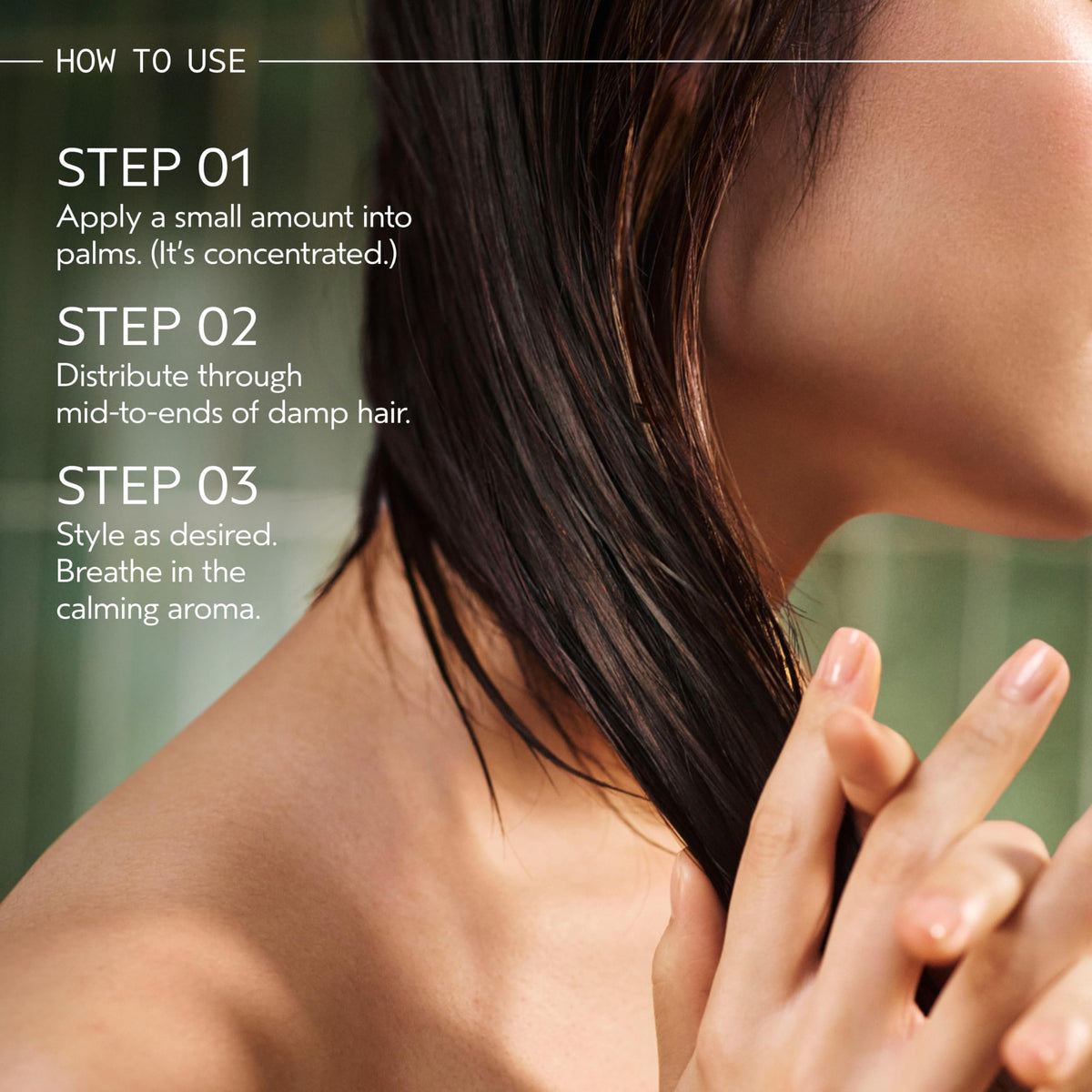 Aveda oil smoothed into hair ends leaving satin shine and taming frizz