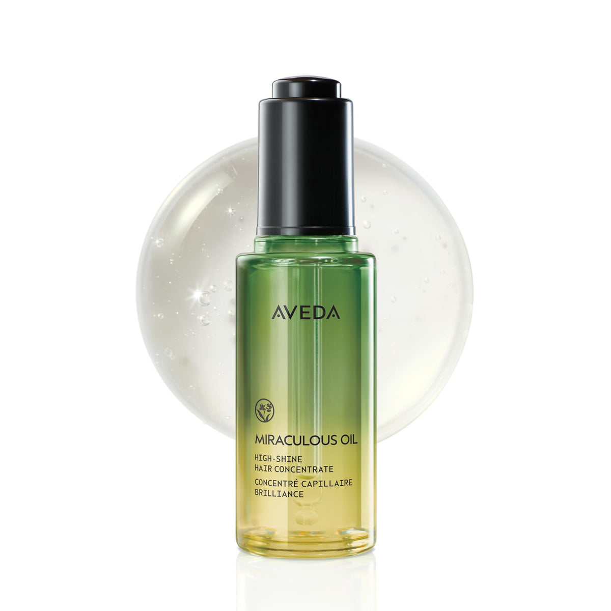 Aveda bottle front view showing label and sleek design, promotes shine