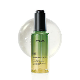 Aveda bottle front view showing label and sleek design, promotes shine
