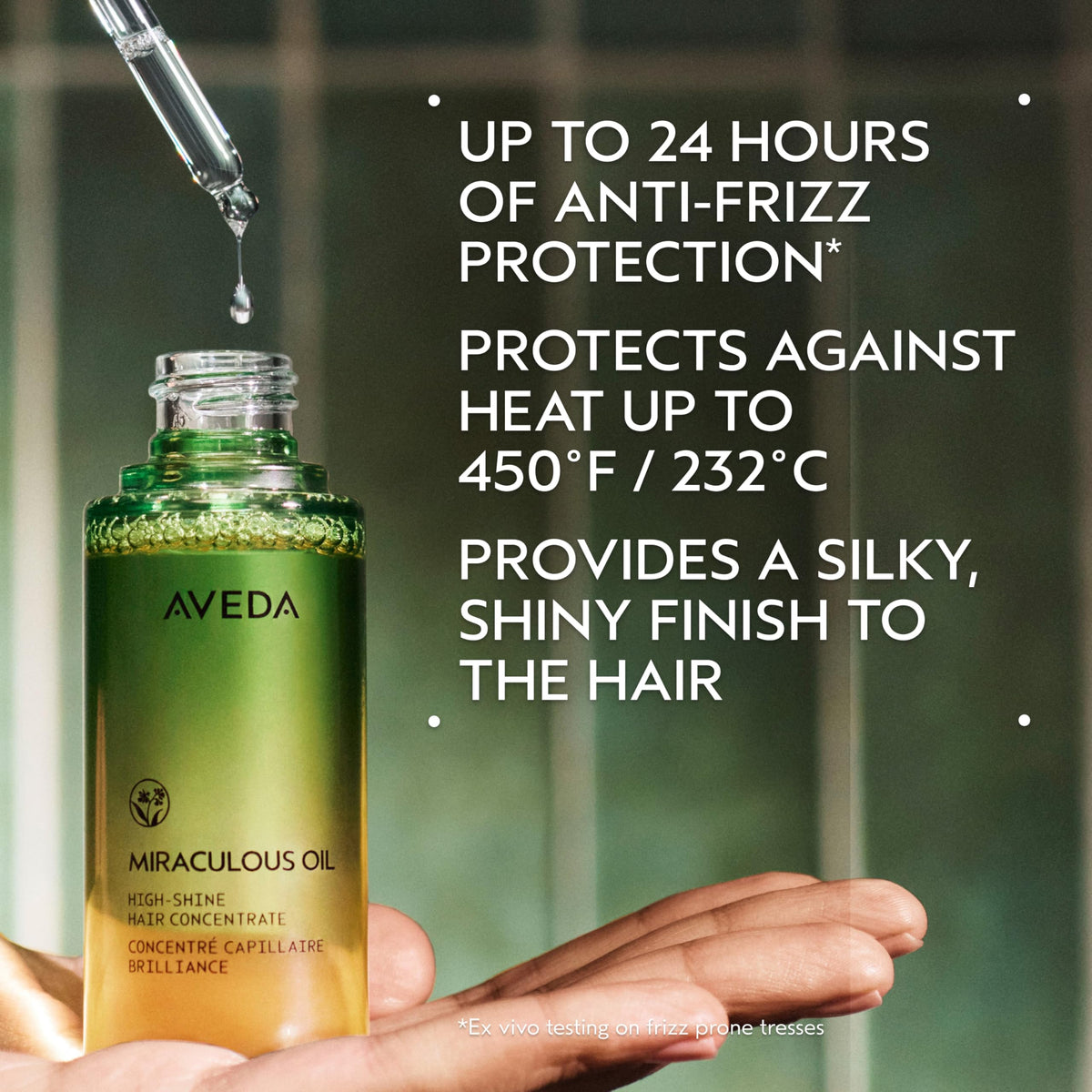 Aveda oil drop on skin showing lightweight texture and quick absorption