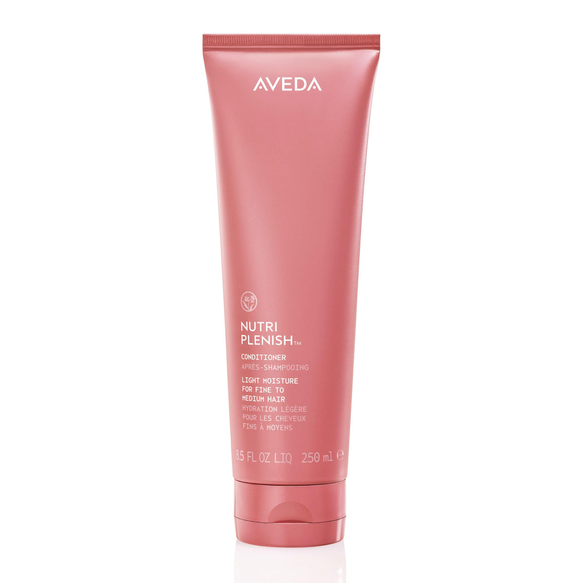 Aveda bottle front view showing product and brand, highlights lightweight hydration