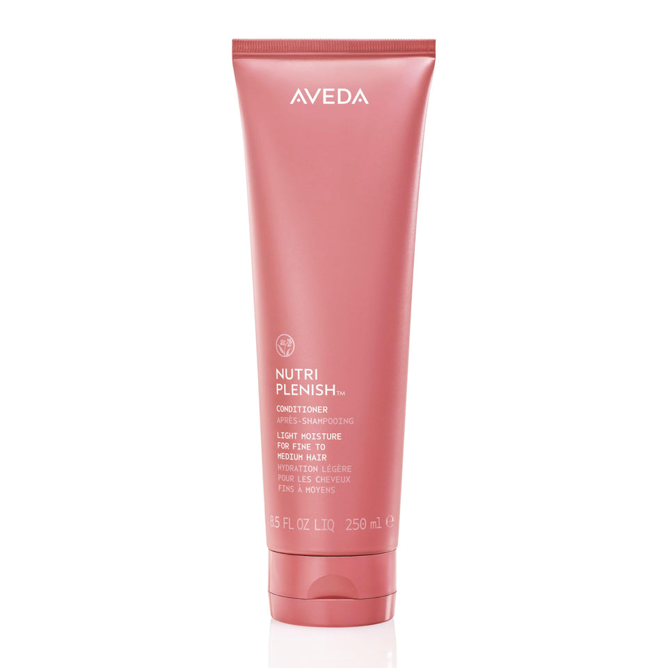 Aveda bottle front view showing product and brand, highlights lightweight hydration