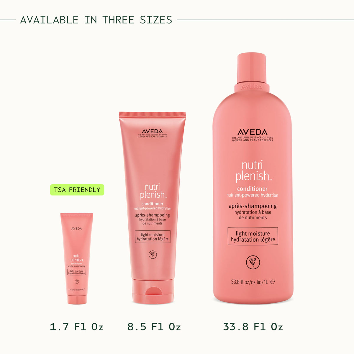 Aveda conditioner beside everyday items to show 8.5 fl oz size and portability