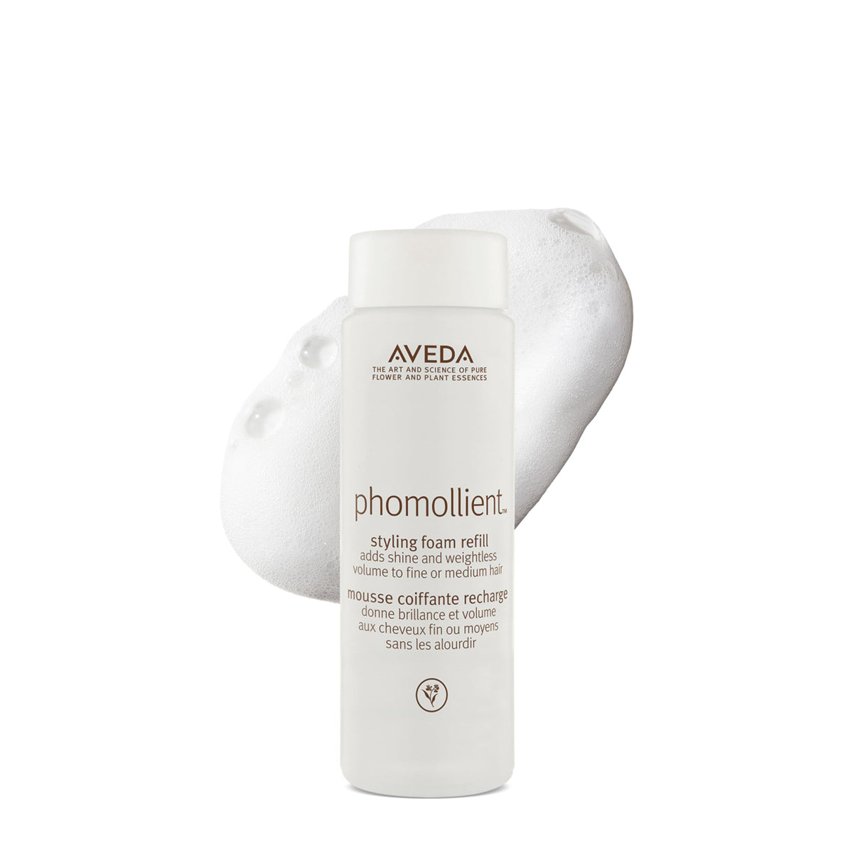 Aveda Phomollient front packaging shows bottle and branding, promoting weightless volume