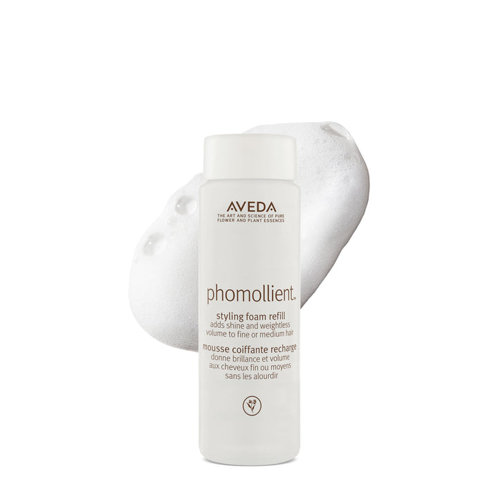 Aveda Phomollient front packaging shows bottle and branding, promoting weightless volume