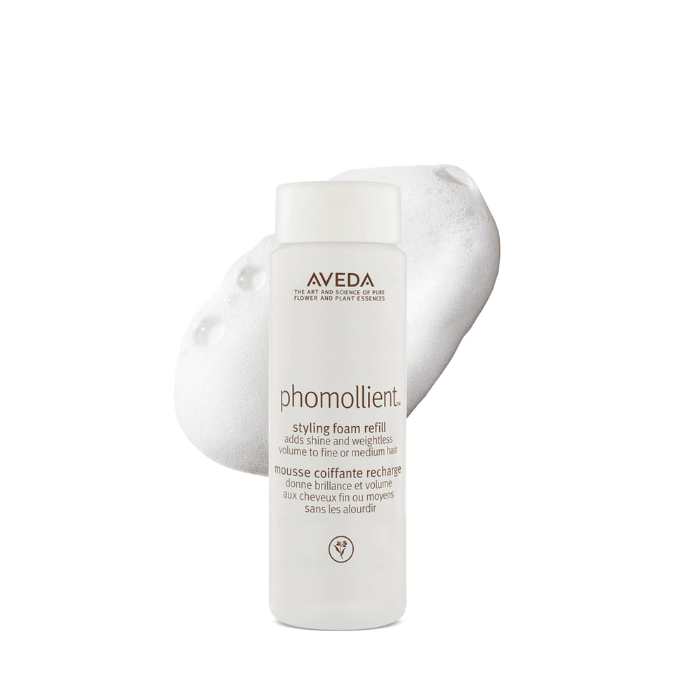 Aveda Phomollient front packaging shows bottle and branding, promoting weightless volume