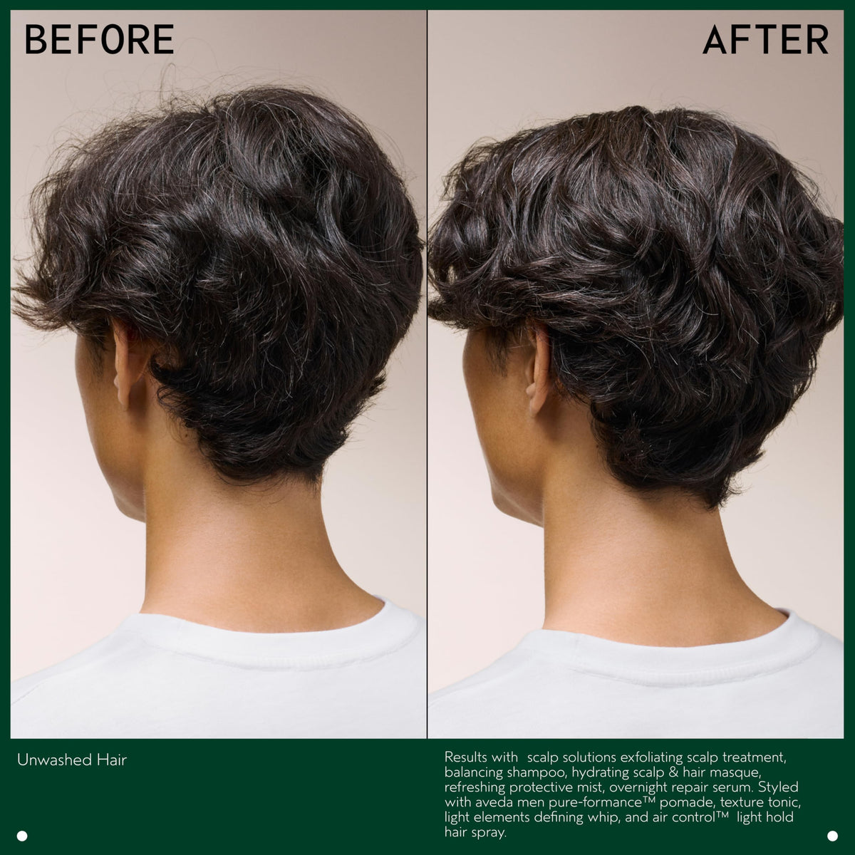 Before and after on damp hair using Aveda pomade showing added texture and definition