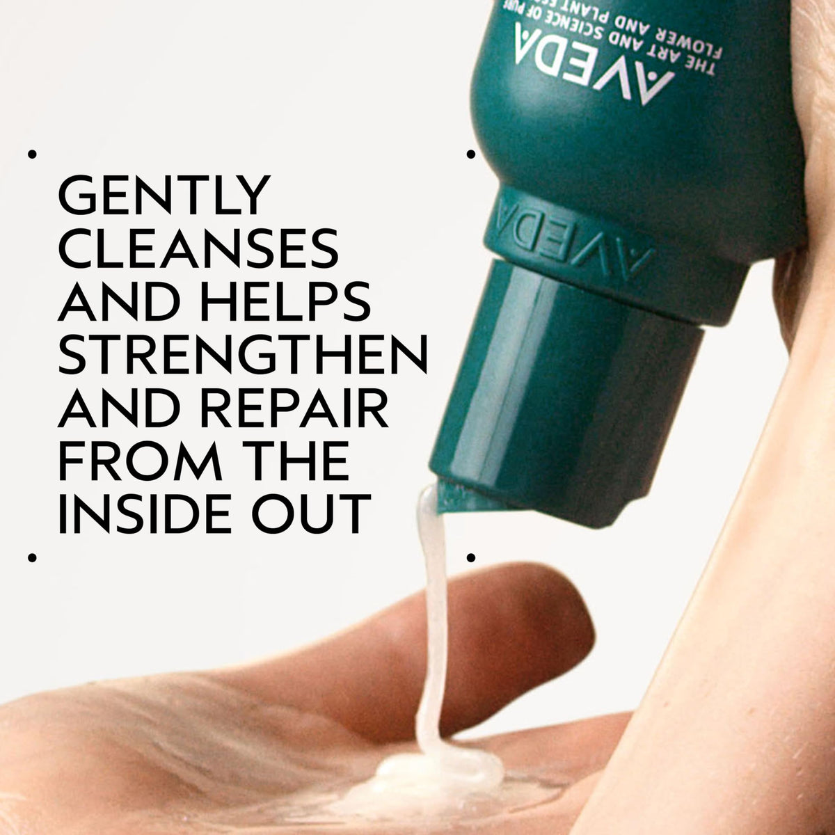 Aveda pump closeup highlighting easy-dispense and precise control benefits