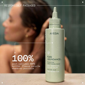Size comparison of Aveda Pure Abundance 5 fl oz next to common items, clarifies scale
