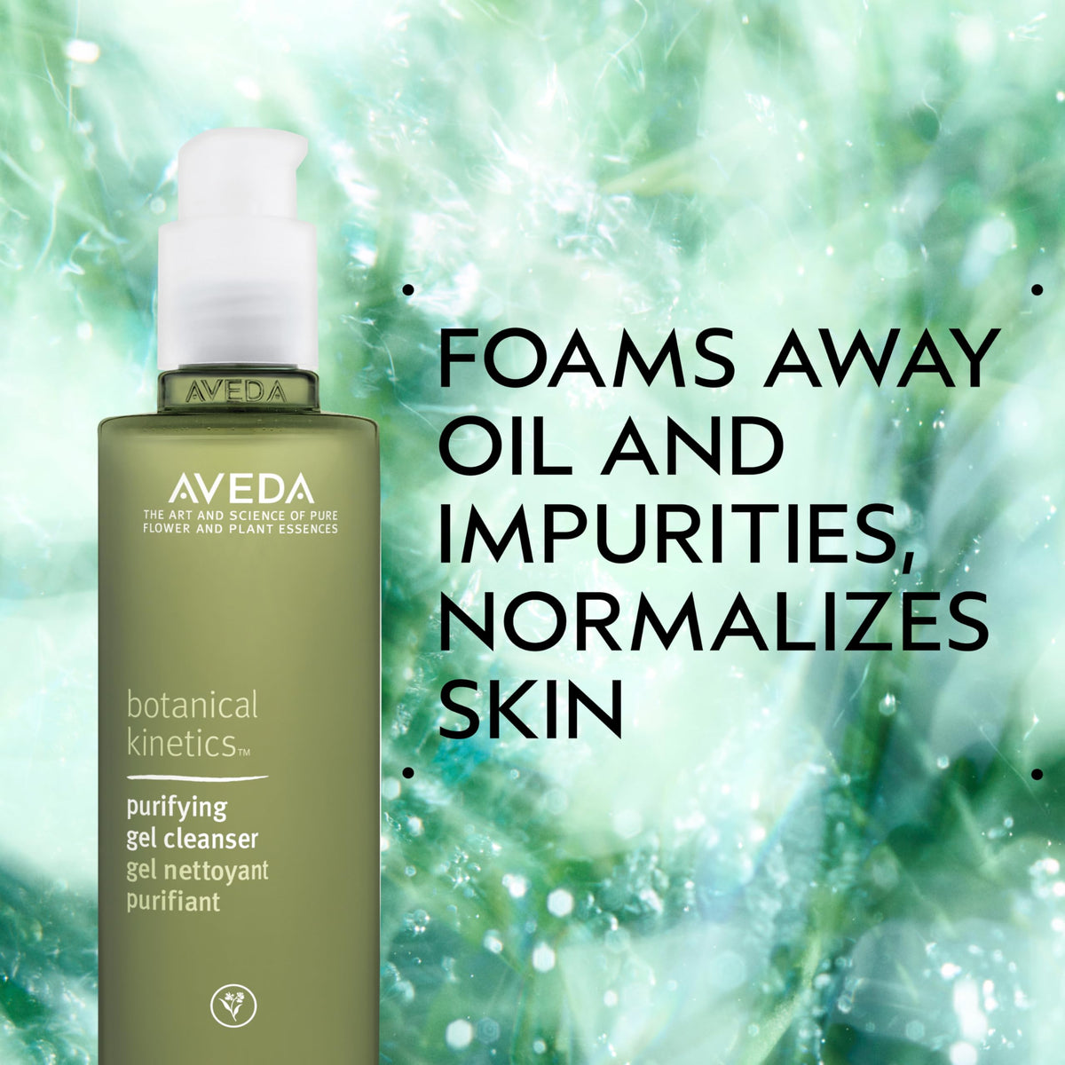 Aveda purifying gel cleanser pump and label detail highlighting natural ingredients