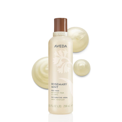 Aveda bottle front packaging showing Rosemary Mint label and benefits