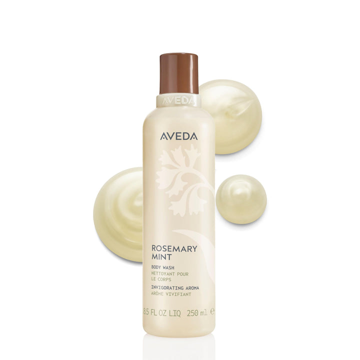 Aveda bottle front packaging showing Rosemary Mint label and benefits