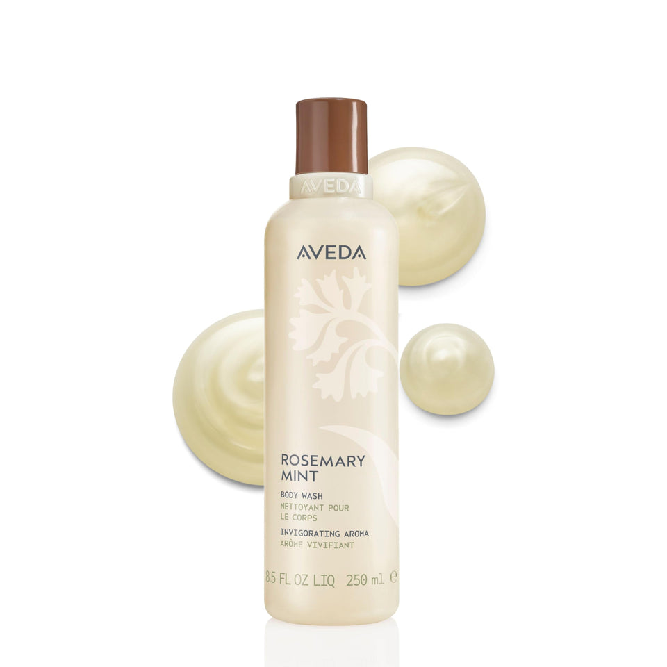Aveda bottle front packaging showing Rosemary Mint label and benefits