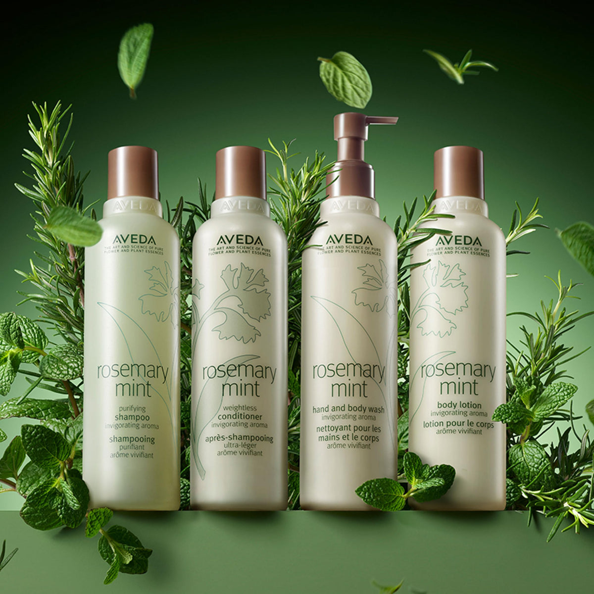 Aveda bottle on shower shelf demonstrating in-shower refresh and ease
