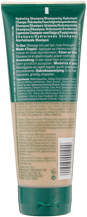 Aveda sap moss shampoo pump and label close-up highlighting ingredients