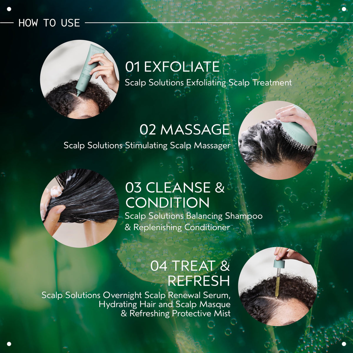Aveda shampoo in hand while wet hair being rinsed illustrating refreshing cooling sensation