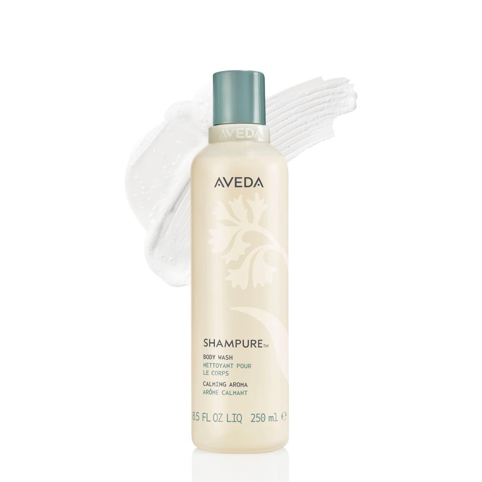 Aveda Shampure bottle front showing calming label and clean design
