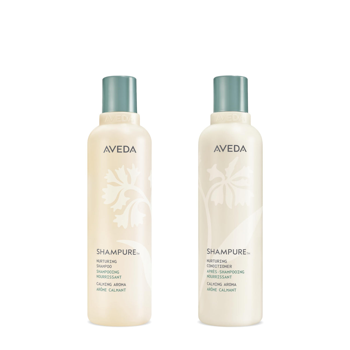 Aveda Shampure duo front packaging showing full-size bottles and calming benefits