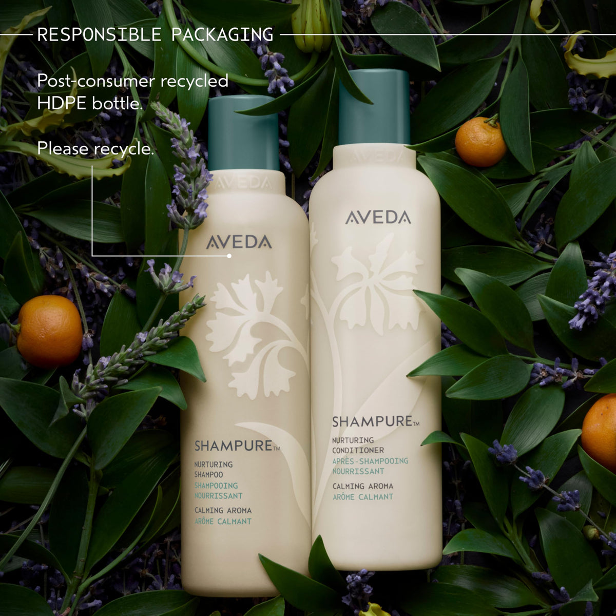 Aveda Shampure size comparison with liter and full-size indicating value and refill option benefit