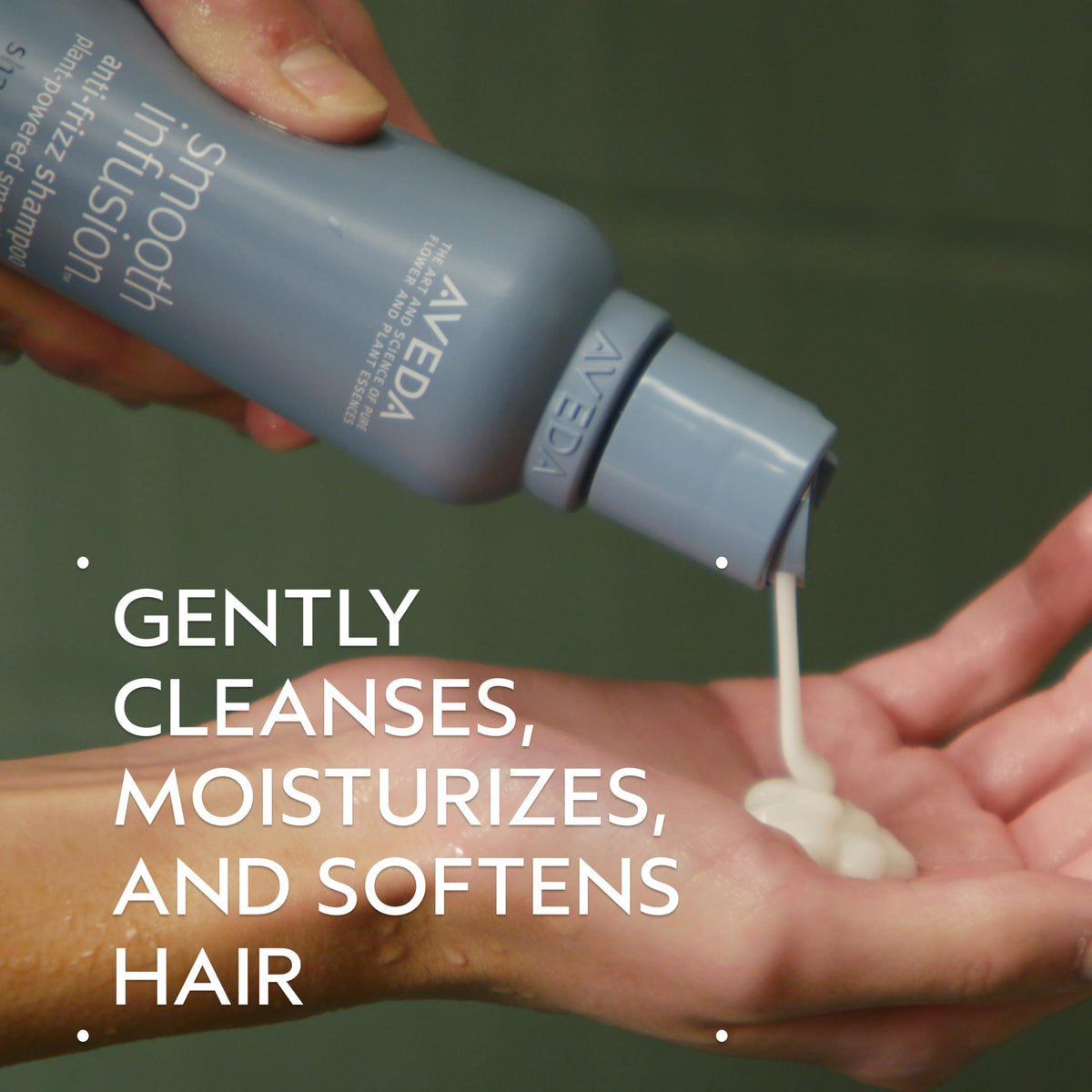 Aveda label close-up on pump dispensing with clear ingredient callout