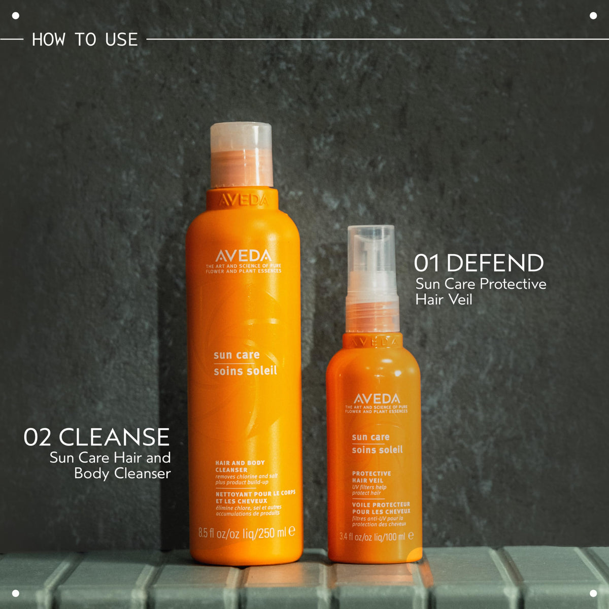 Aveda bottle beside hand for scale showing compact 8.5 fl oz travel size