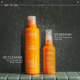 Aveda bottle beside hand for scale showing compact 8.5 fl oz travel size