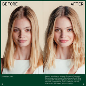 Model applying Aveda Texture Tonic to damp hair, creating defined beach waves while air-drying