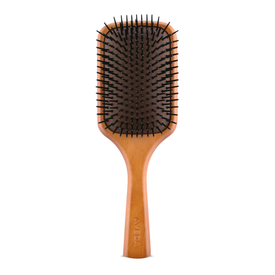 Aveda wooden paddle brush front view showing broad paddle for faster smoothing