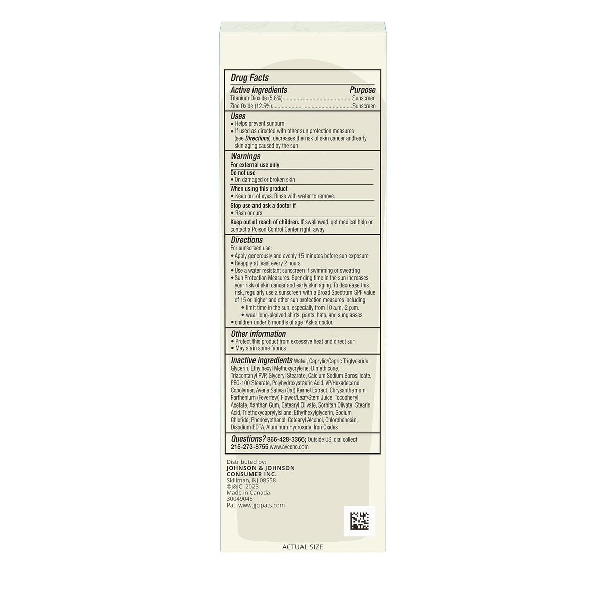 Aveeno back label with ingredients and directions for informed use