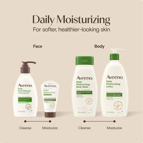 Aveeno bottle styled on bathroom counter suggesting daily routine use