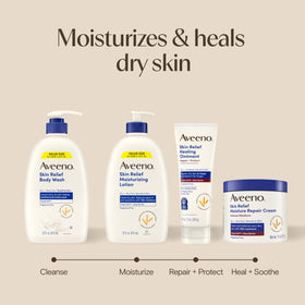 Aveeno bottle styled in bathroom to suggest daily skincare routine