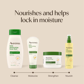 Aveeno bottle on bathroom counter as part of daily routine for consistent hydration benefit